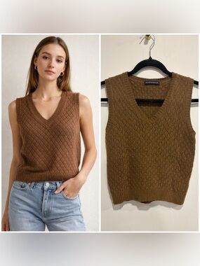 Brandy Melville Brown Cable Knit Sweater Vest Wool Cashmere V-Neck One Size XS S